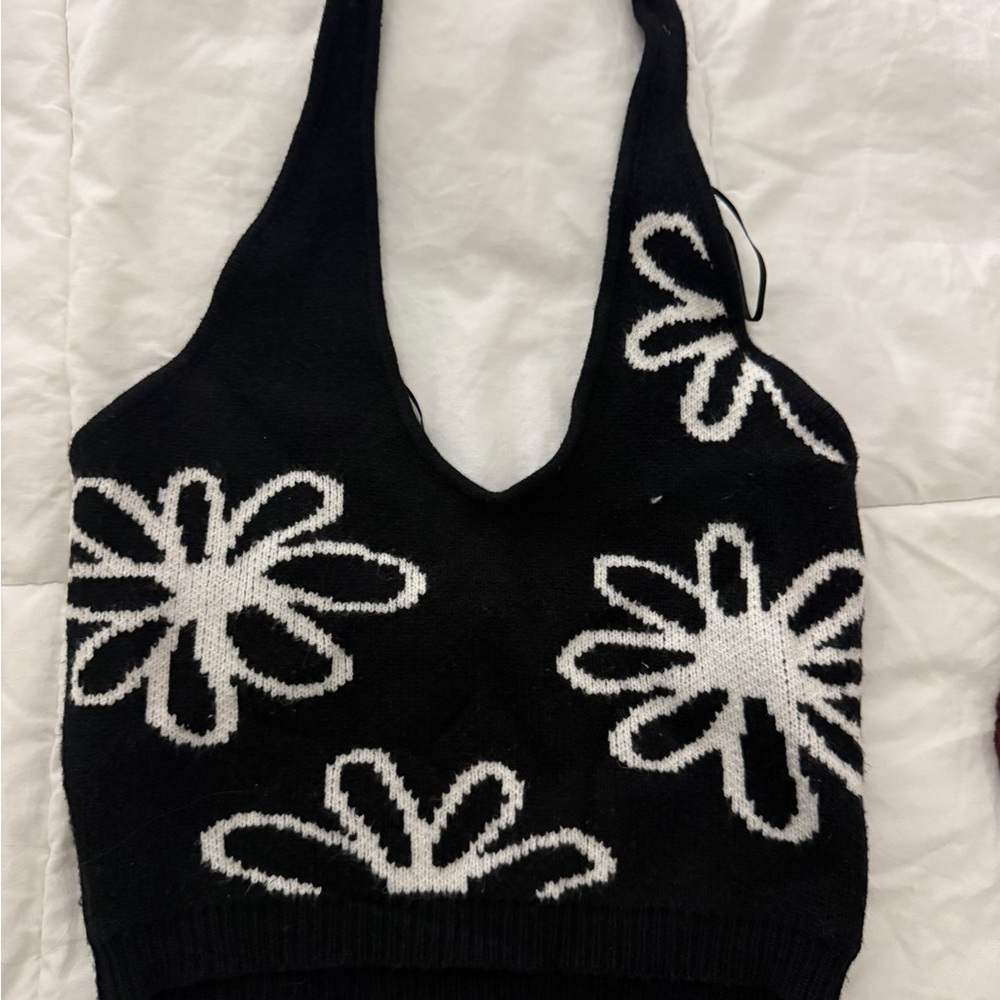 Black Floral Knit Halter Tank